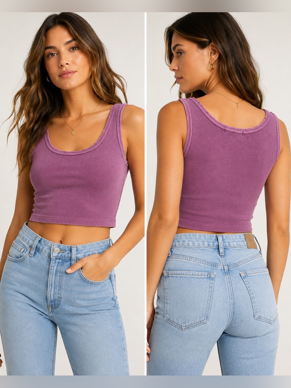 Amo Denim Lilac Purple Scoop Neck Cropped Ribbed Distressed Tank Top XS